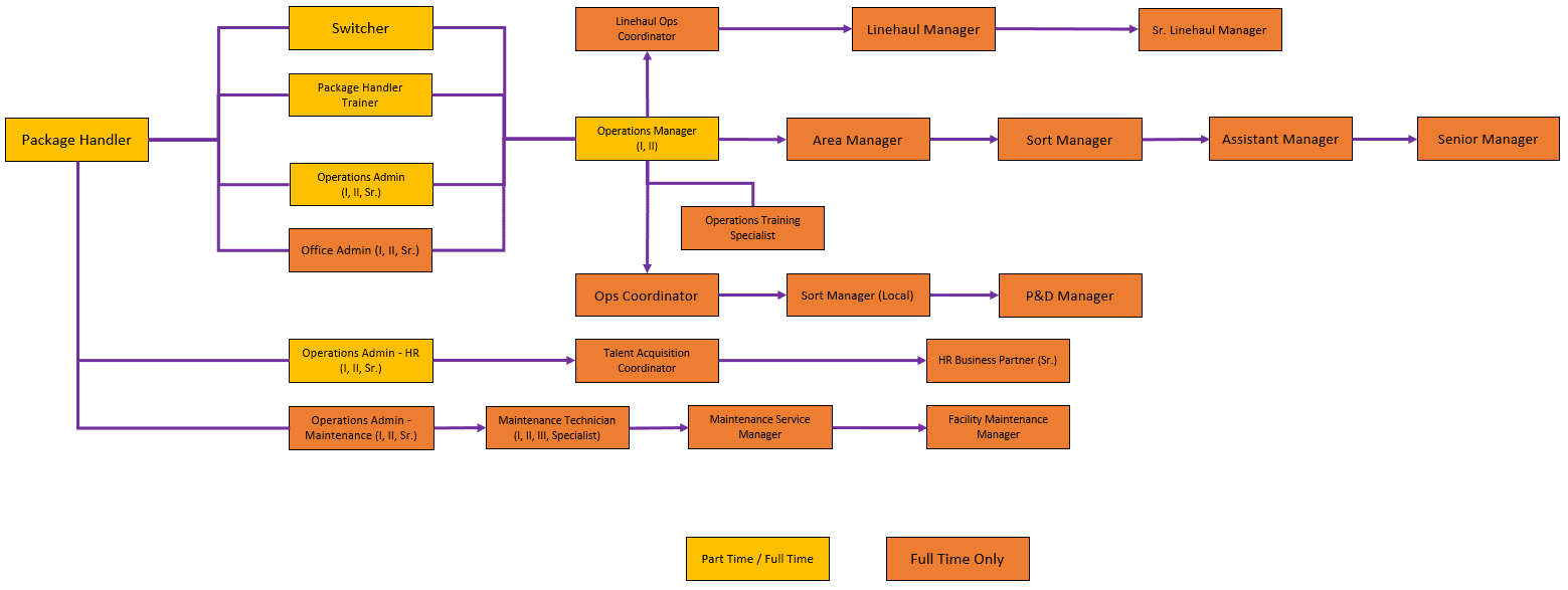 Image of potential career paths at FedEx Ground from package handler through senior manager