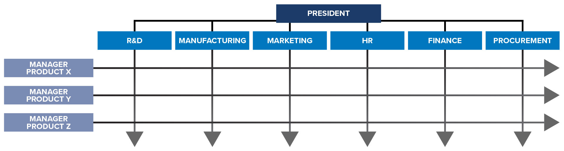 A matrix organizational chart with the president at the top, and departments listed below and product managers on the left axis